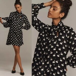 Anthropologie Maeve Caroline Tie-Neck Mini Dress Swan Print Small